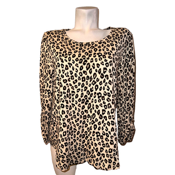 CHICO'S Top Size L (2) Leopard Animal-Print Utility Sleeve-Button Slub Tee Shirt - Picture 1 of 6
